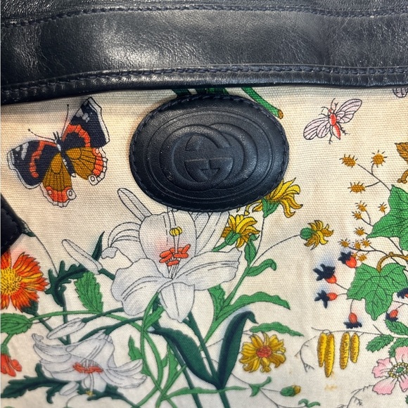 🌸 Gucci Large Flora Vintage Canvas Tote Bag Blue Leather Trim Floral Print - Picture 4 of 12